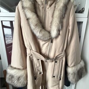 Karen Millen Beige Puffer Coat with Fur Trim